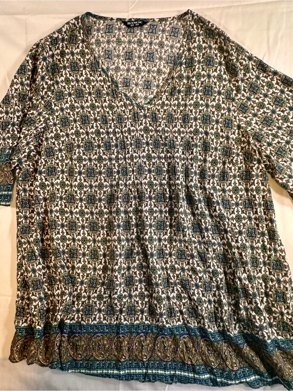 Relaxed V-Neck Tunic Top in Teal and Brown boho country cottage casual